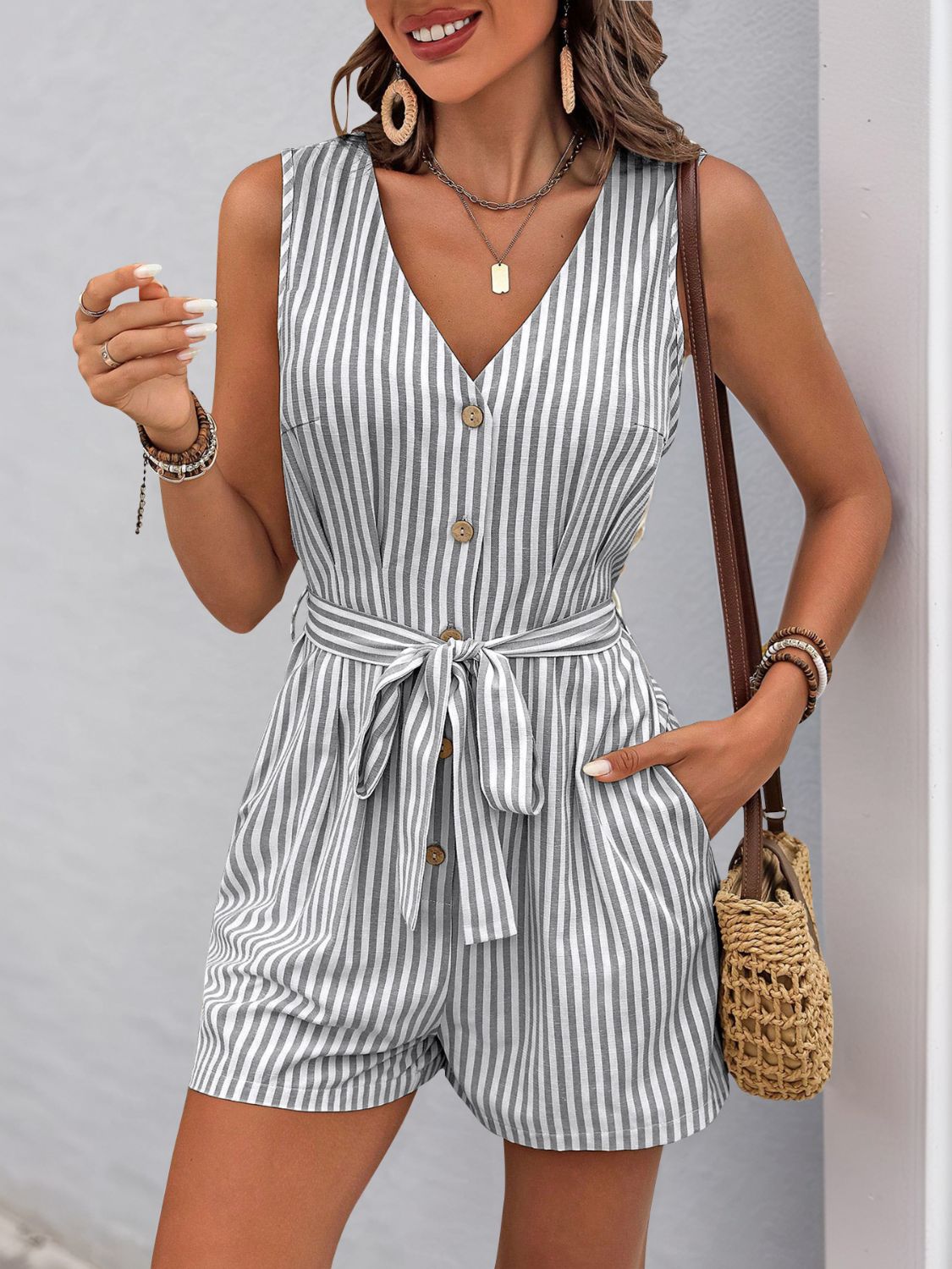 Perfee Striped V-Neck Tie Waist Romper - ClassiQ