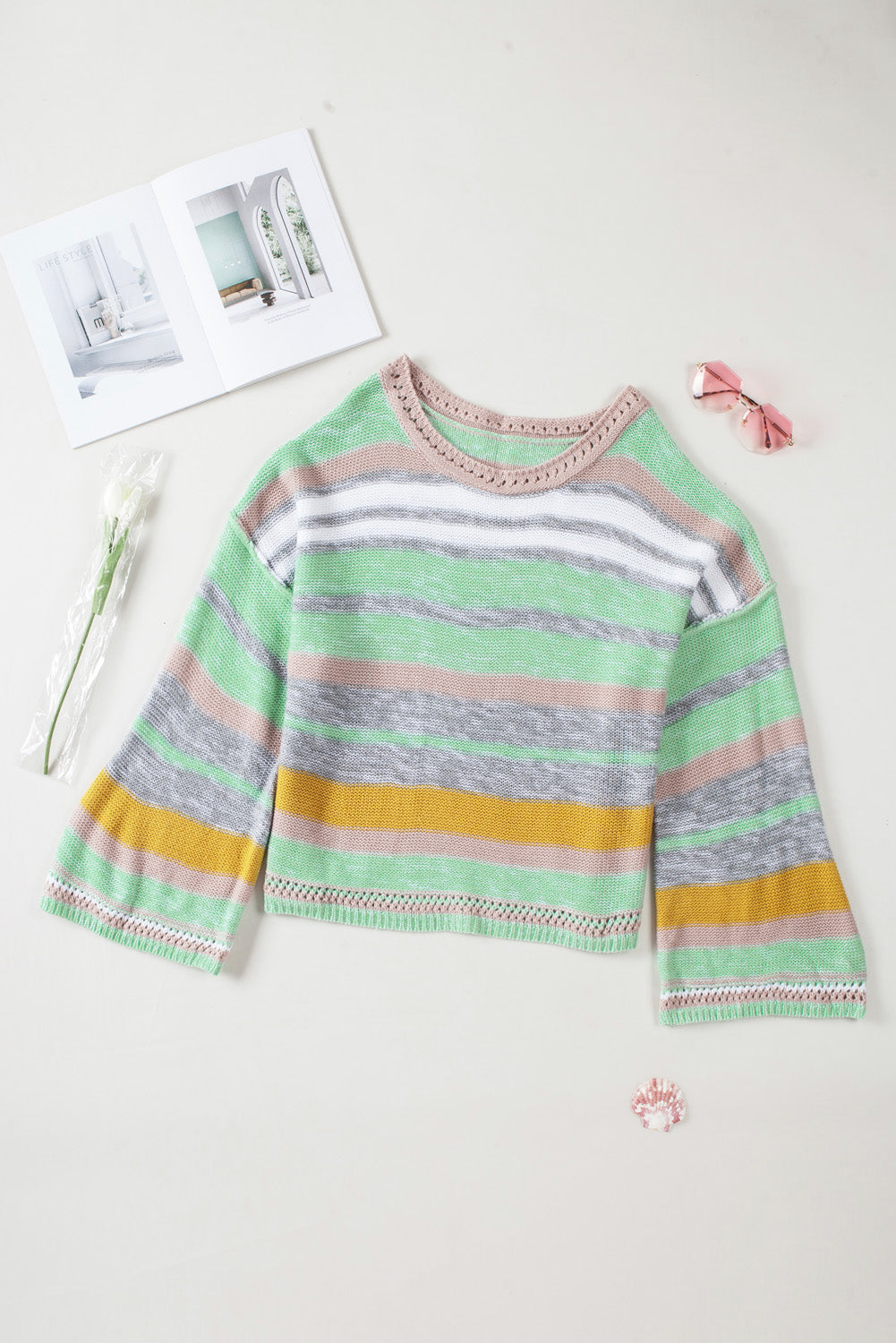 Contrast Striped Boat Neck Dropped Shoulder Sweater - ClassiQ