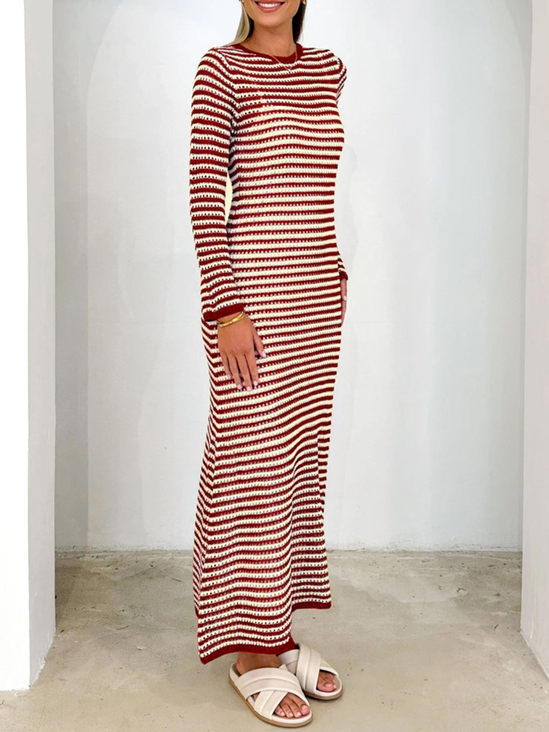 Devine Tied Round Neck Striped Sweater Dress - Classique Collection