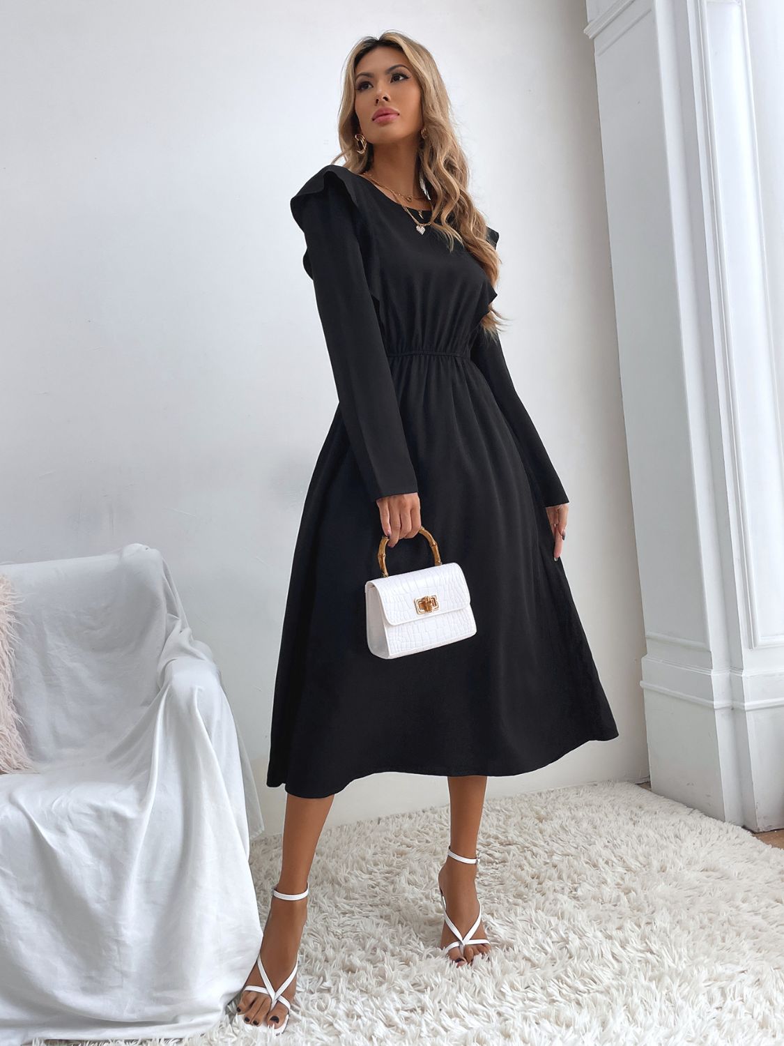 Ruched Ruffled Round Neck Long Sleeve Dress - Classique Collection