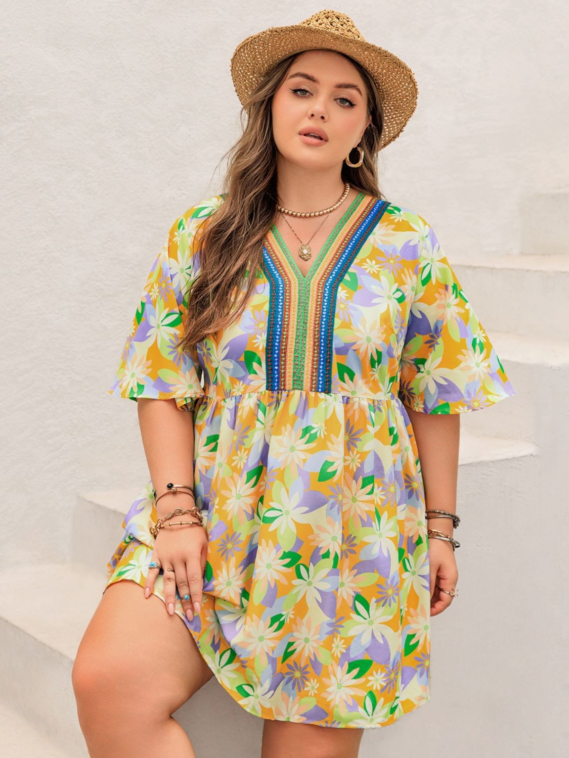 Plus Size Printed V-Neck Half Sleeve Mini Dress - Classique Collection