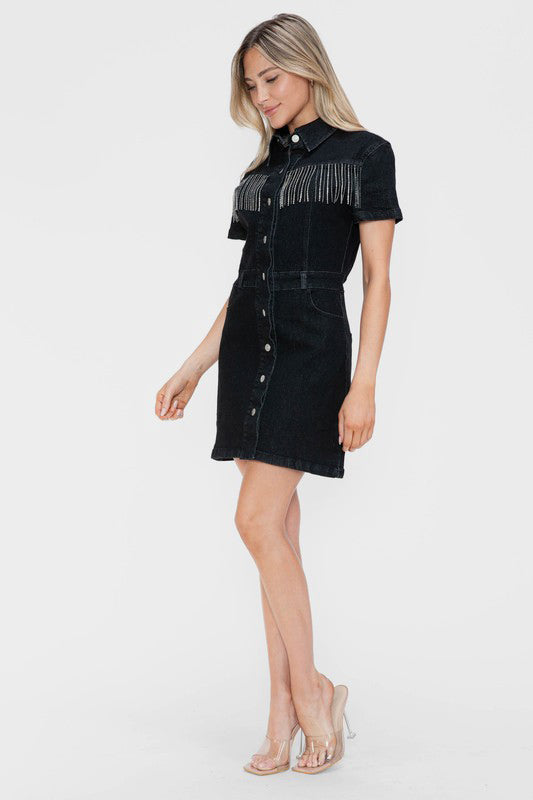 bytos Full Size Embellished Button Down Short Sleeve Denim Dress - Classique Collection
