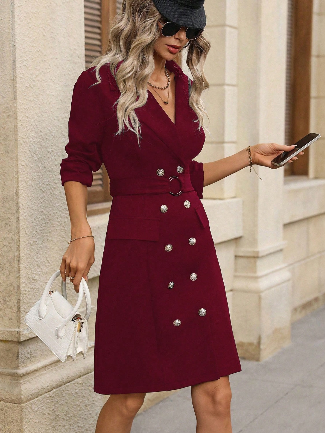 Double-Breasted Lapel Collar Long Sleeve Dress - Classique Collection
