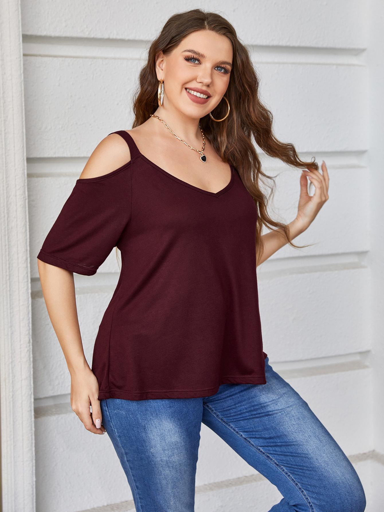 Plus Size V-Neck Cold-Shoulder Blouse - Classique Collection