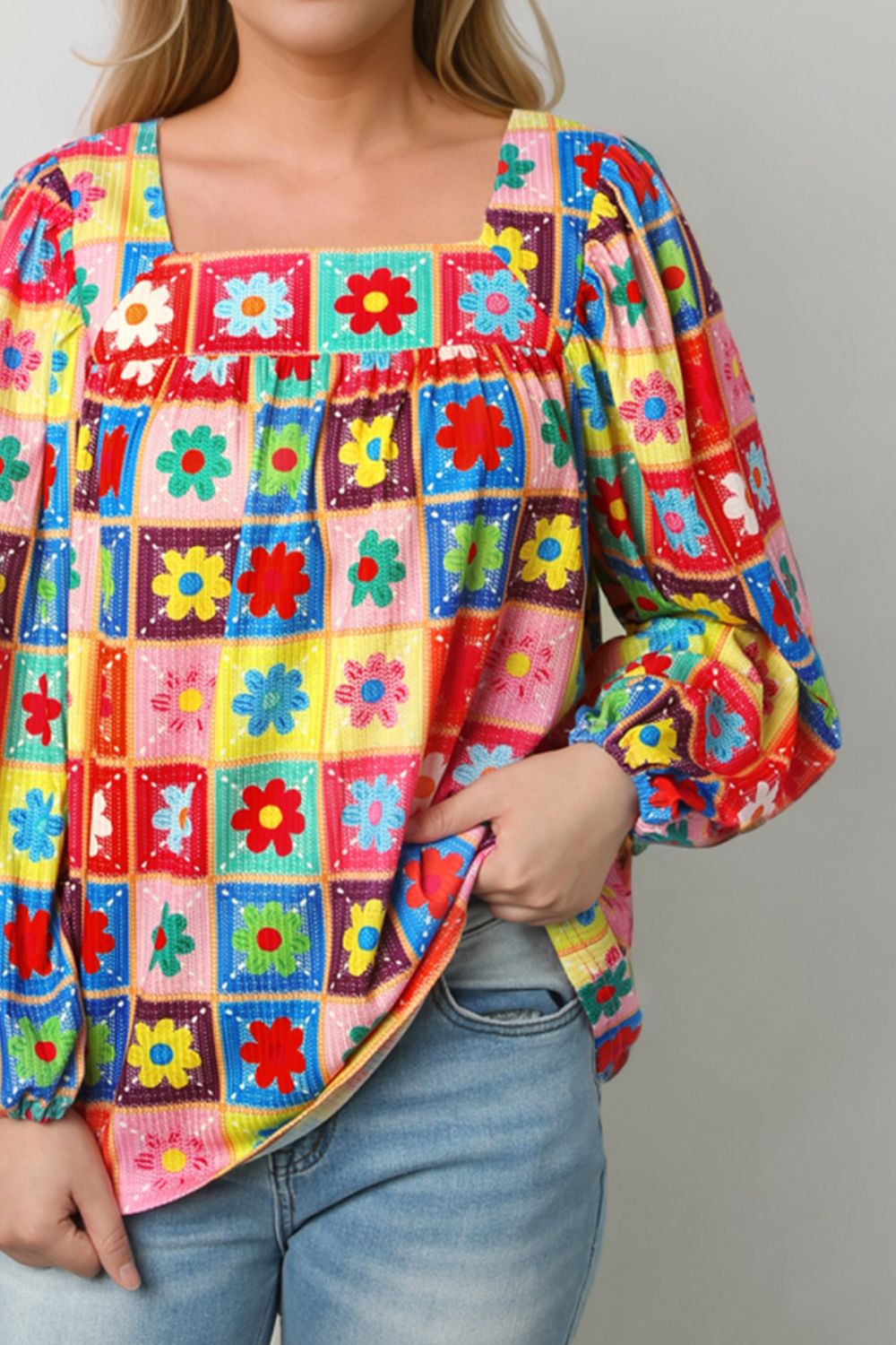 Printed Square Neck Balloon Sleeve Top - Classique Collection