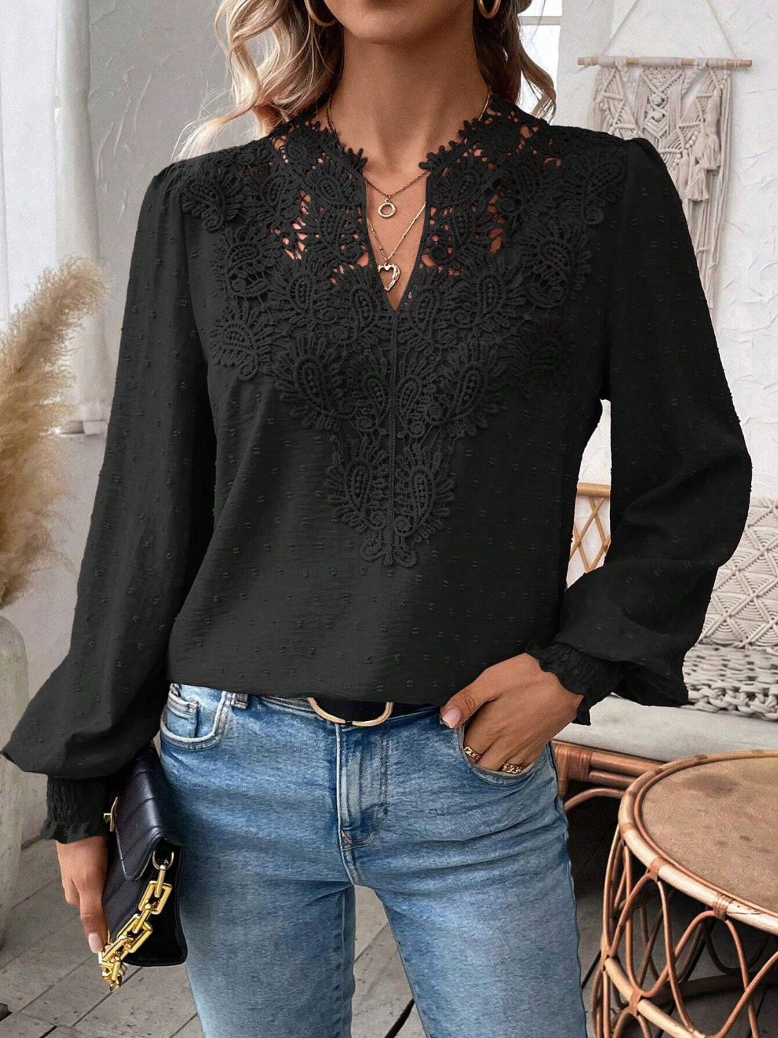 Swiss Dot Lace Detail Notched Long Sleeve Blouse - Classique Collection