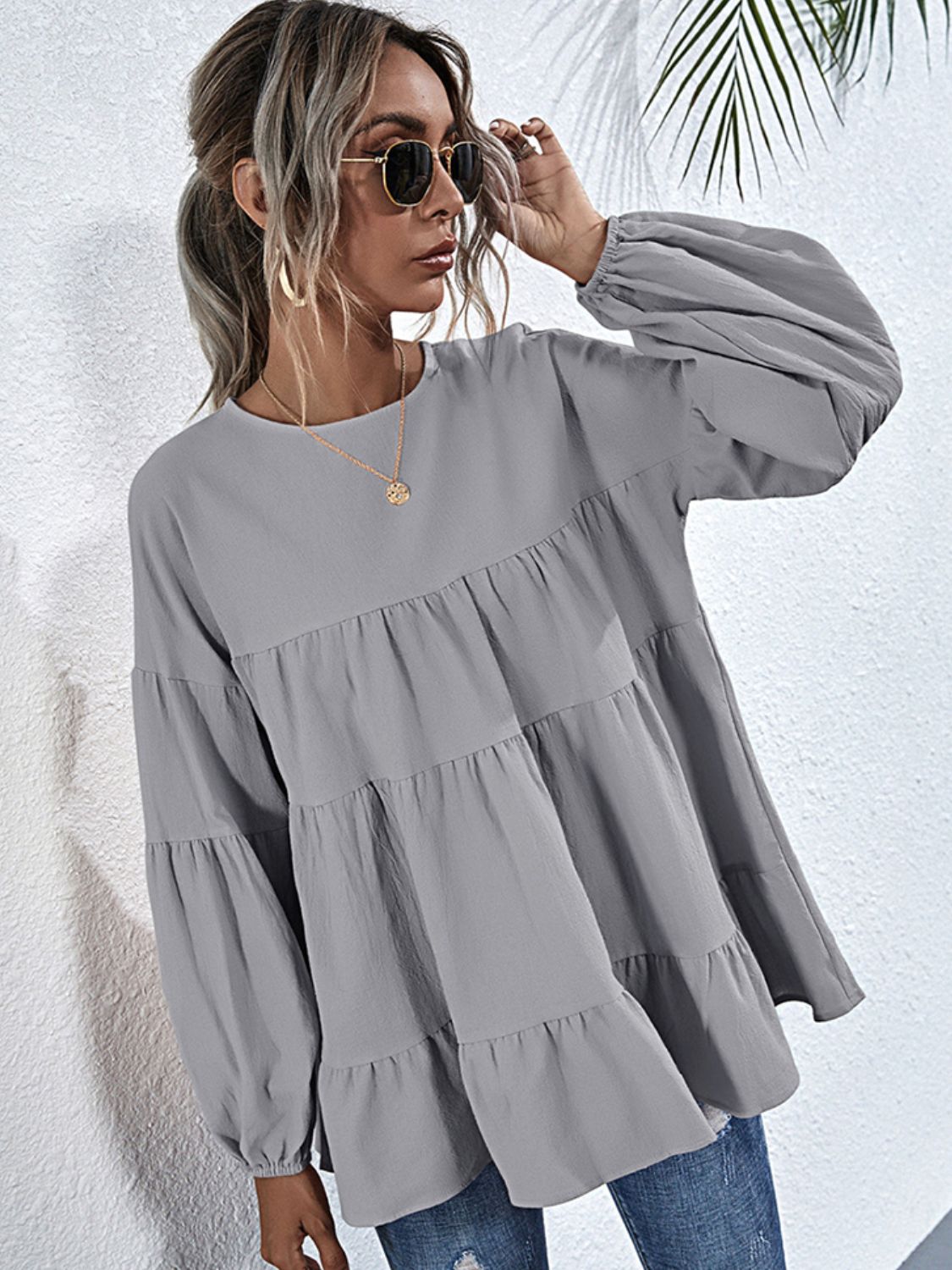 Shiny Round Neck Dropped Shoulder Tiered Blouse - ClassiQ