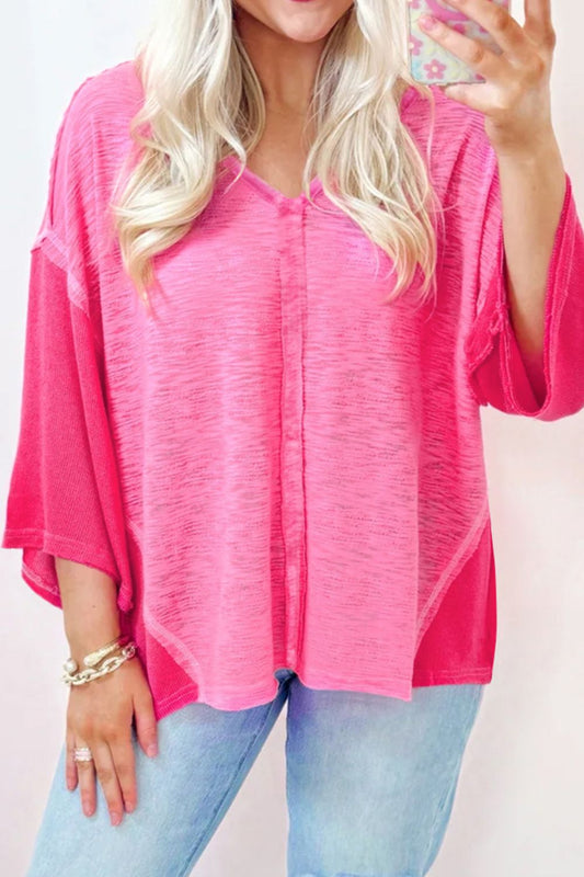 Exposed Seam V-Neck Three-Quarter Sleeve Blouse - Classique Collection