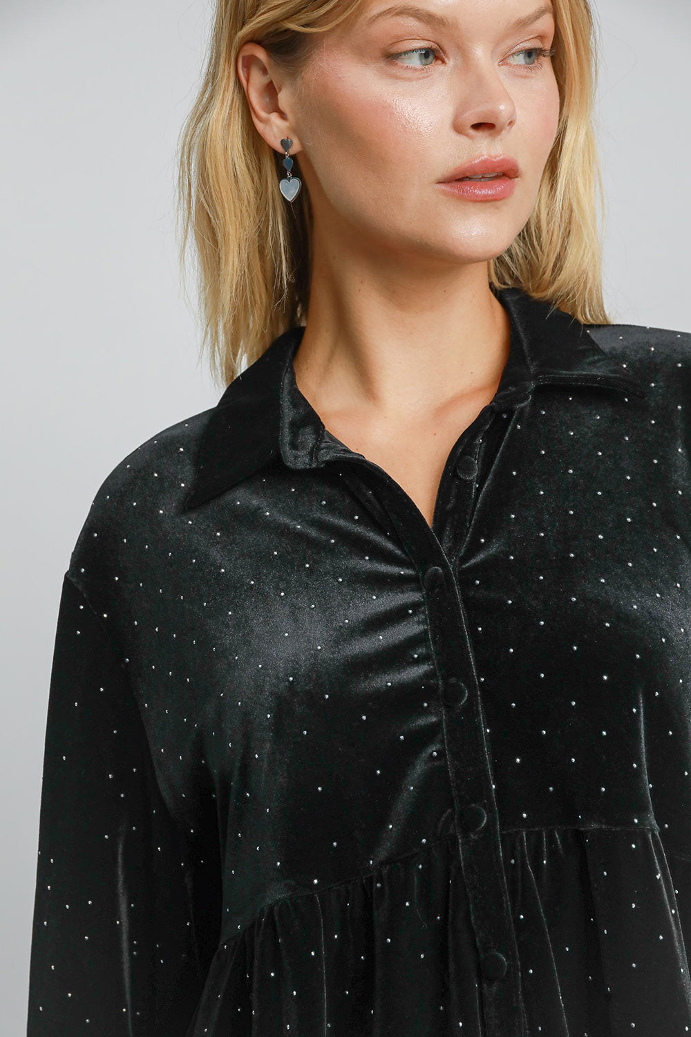 Umgee Full Size Polka Dot Button Up Half Sleeve Shirt - Classique Collection