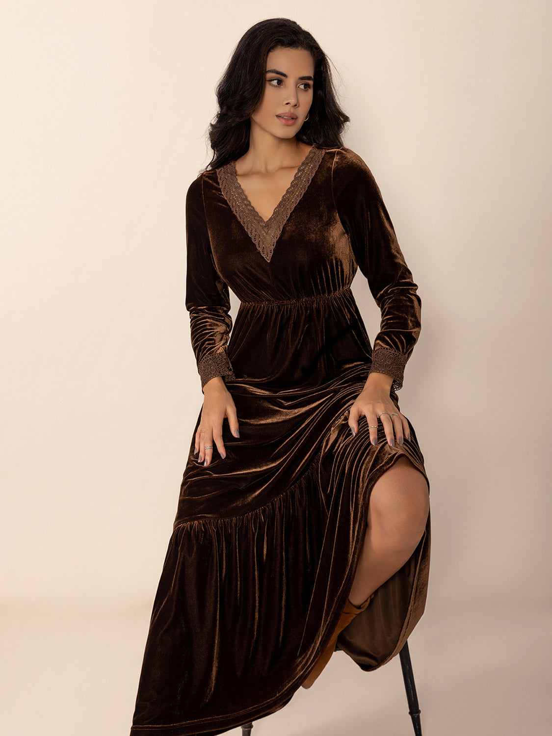 Lace Detail V-Neck Long Sleeve Maxi Dress - Classique Collection