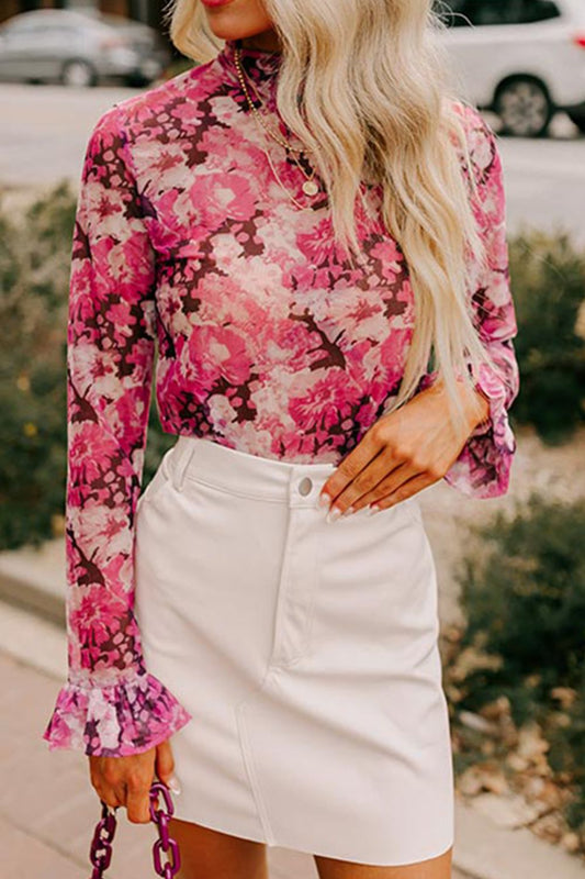 Floral Turtleneck Flounce Sleeve Blouse - Classique Collection