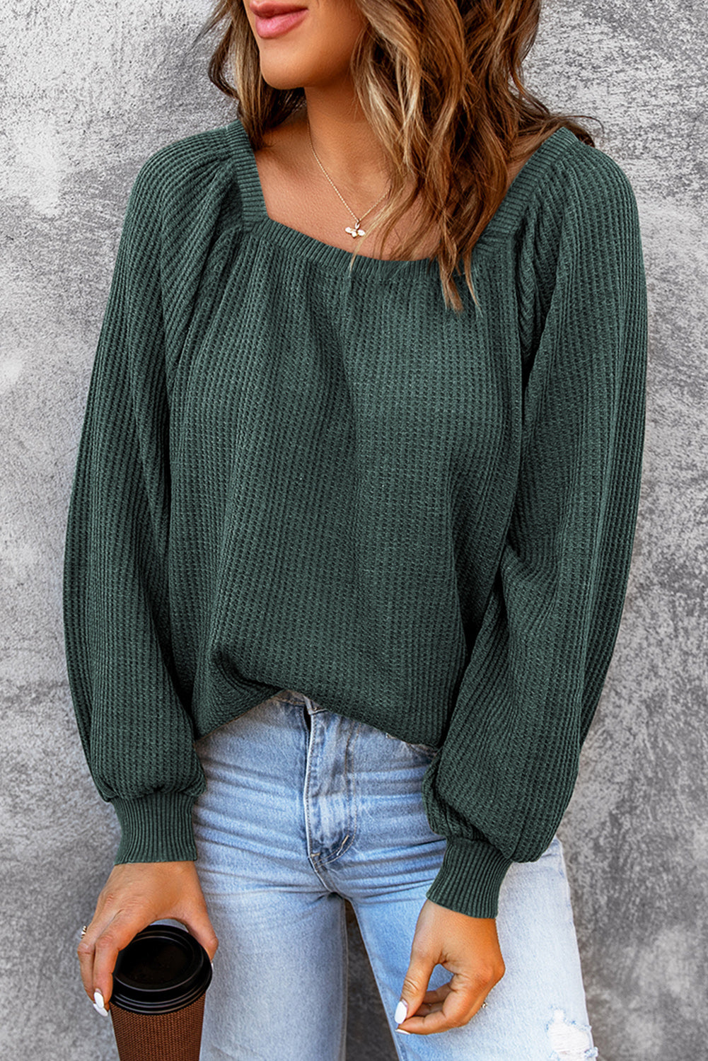 Square Neck Waffle-Knit Top - Classique Collection
