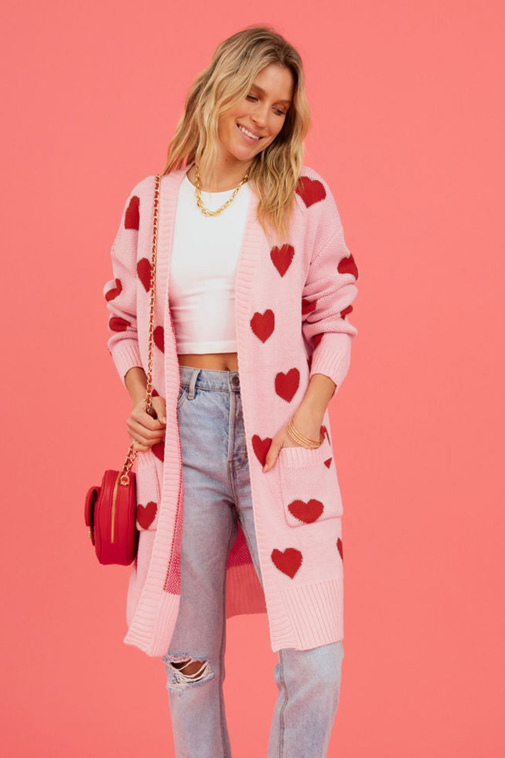 Heart Graphic Open Front Cardigan with Pockets - ClassiQ