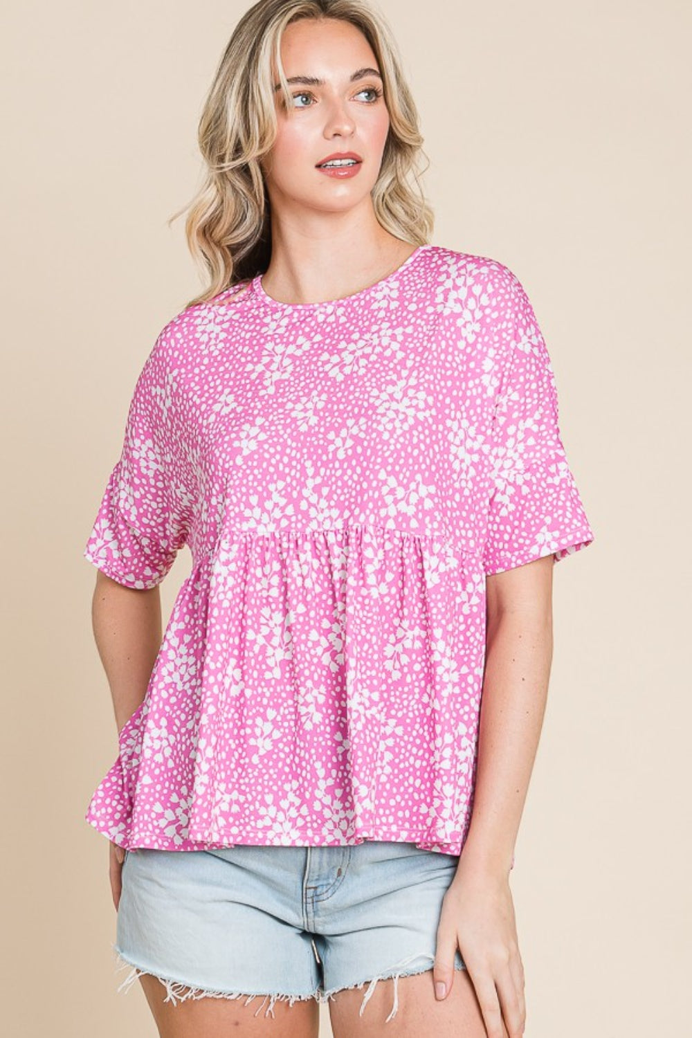 BOMBOM Floral Round Neck Peplum Blouse - Classique Collection