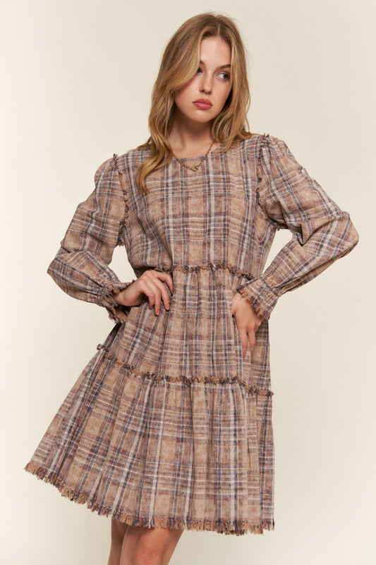 And The Why Full Size Washed Frayed Tiered Plaid Dress - Classique Collection