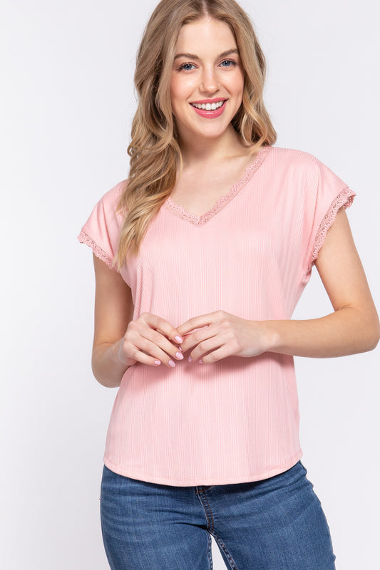 ACTIVE BASIC Lace Trim V-Neck Short Sleeve Ribbed Top - Classique Collection
