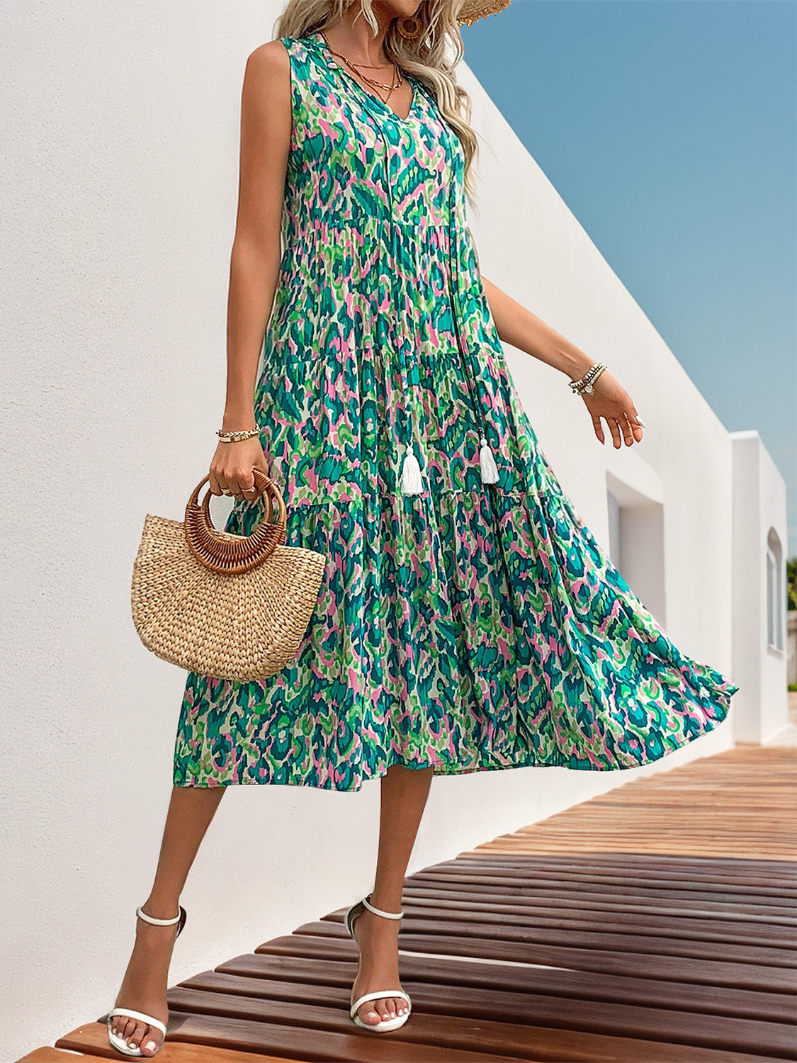 Perfee Tassel Printed Tie Neck Sleeveless Dress - Classique Collection