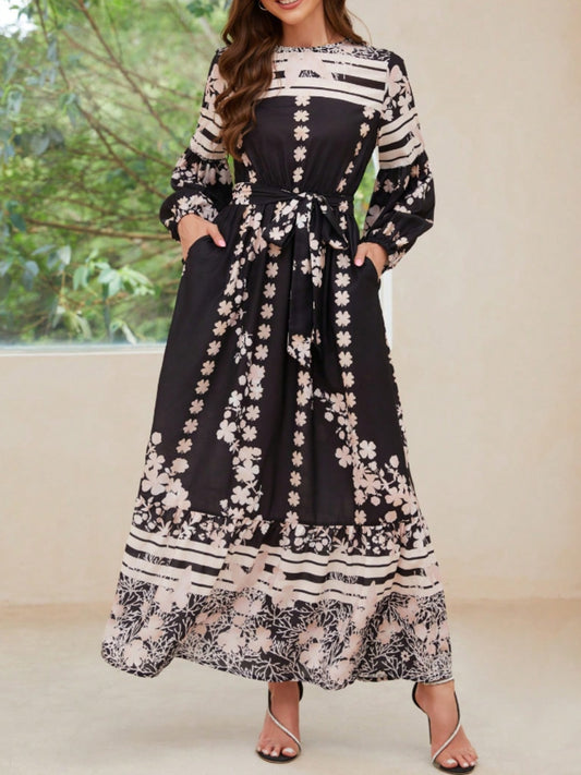 Printed Round Neck Long Sleeve Maxi Dress with Pockets - Classique Collection