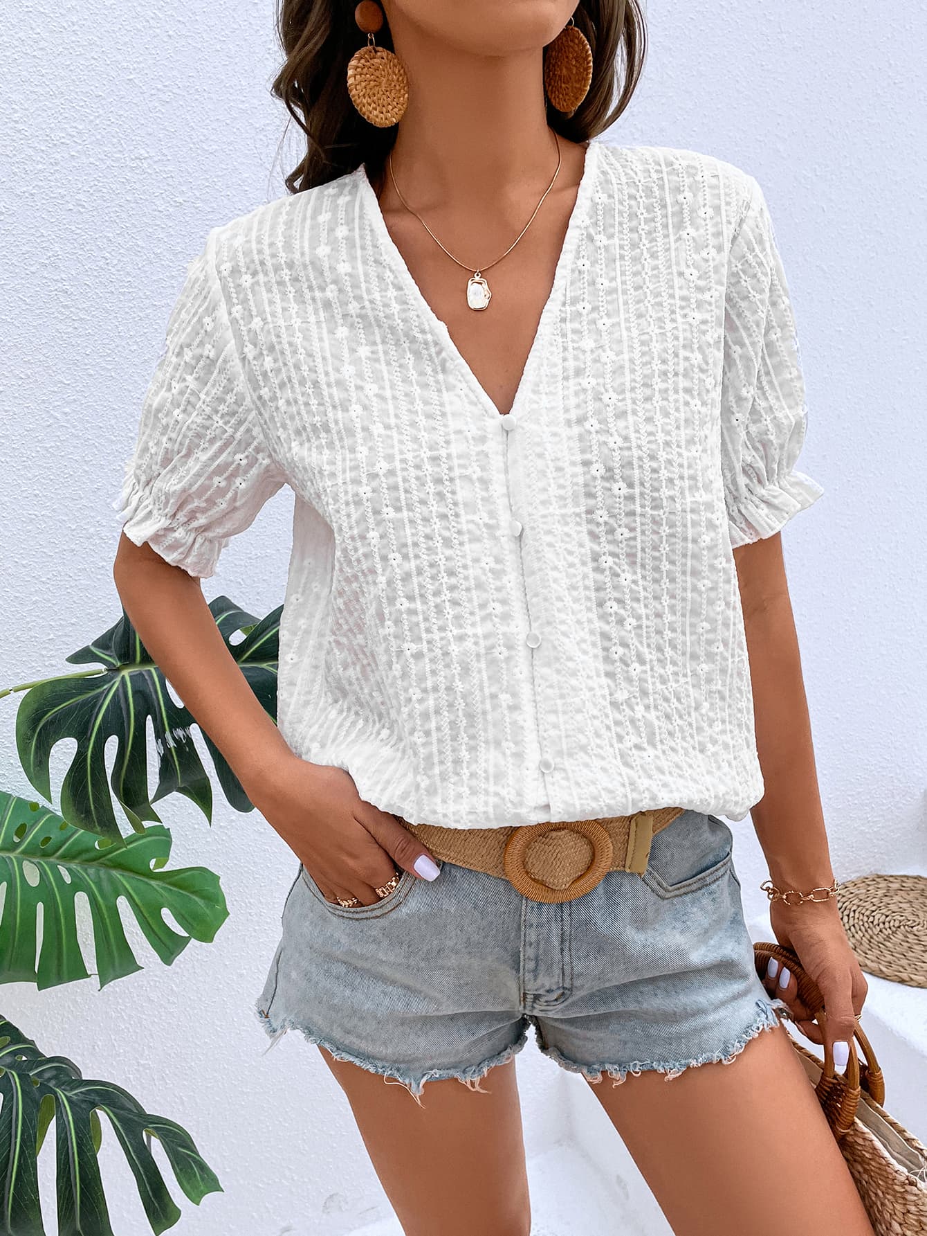 Honey Buttoned V-Neck Flounce Sleeve Top - Classique Collection