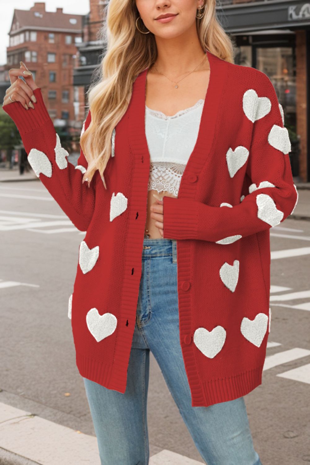 Heart Button Down Long Sleeve Cardigan - ClassiQ