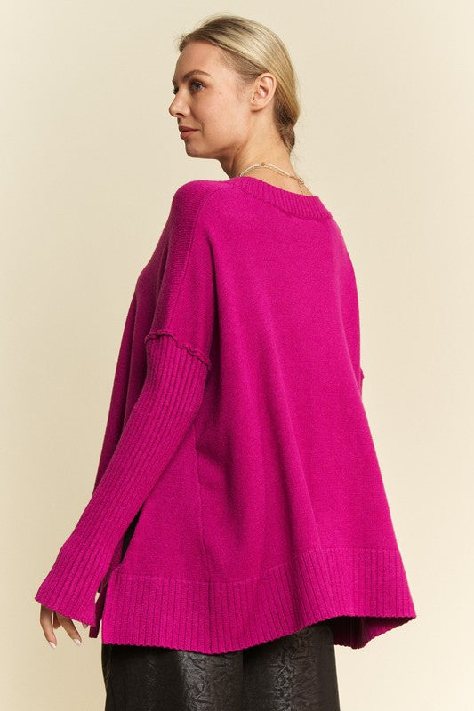 Davi & Dani Ribbed Side Slit V-Neck Sweater - Classique Collection