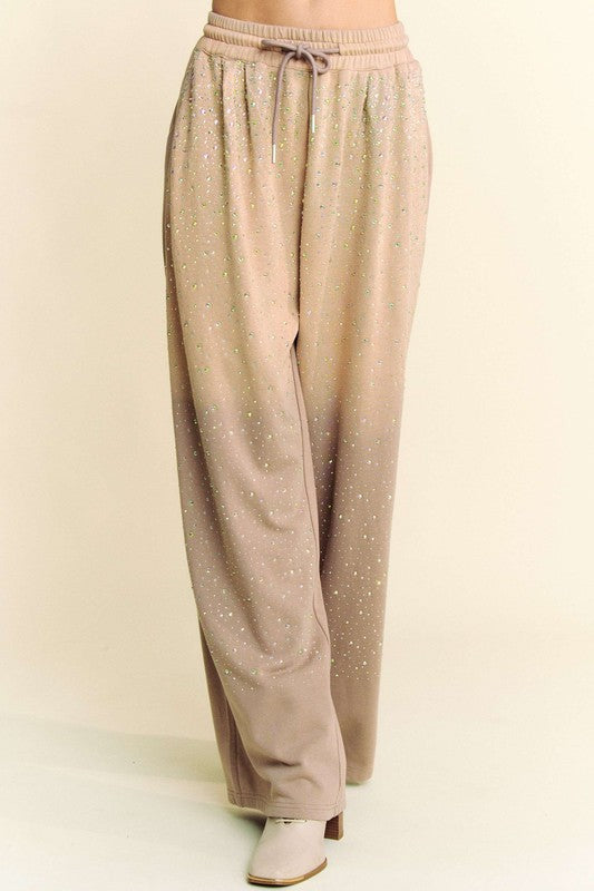 Davi & Dani Rhinestone Drawstring Wide Leg Pants - Classique Collection