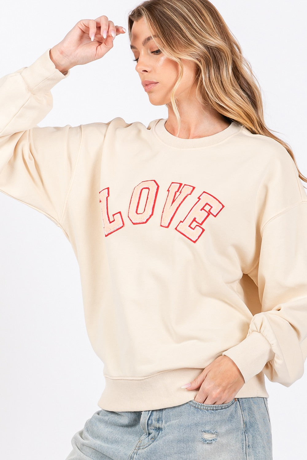 SAGE + FIG LOVE Path Applique Drop Shoulder Sweatshirt - ClassiQ