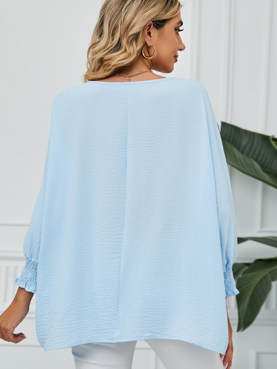 Smocked Lantern Sleeve Round Neck Blouse - Classique Collection