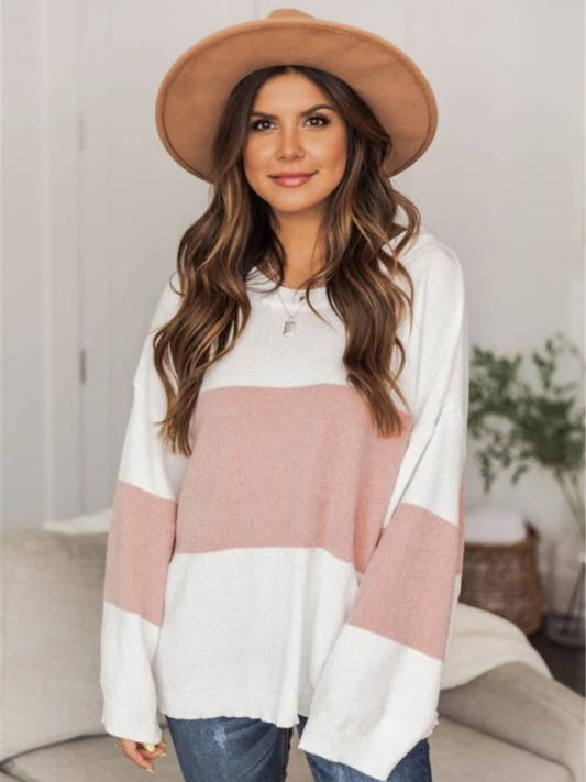 Color Block Round Neck Long Sleeve Sweater - Classique Collection