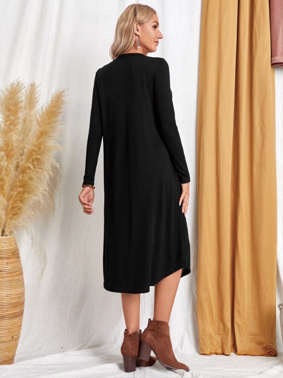 Pocketed Round Neck Long Sleeve Tee Dress - Classique Collection