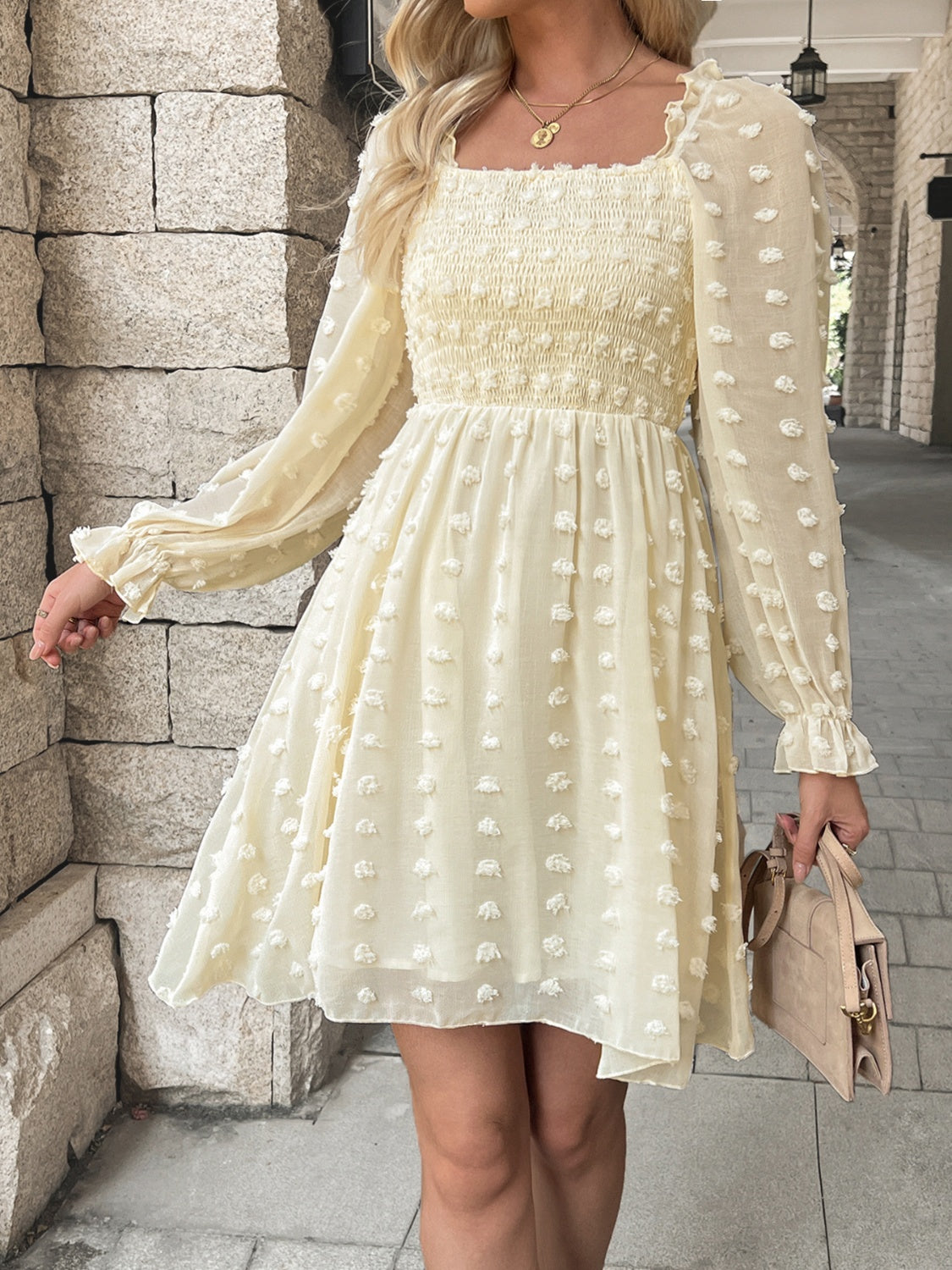 Swiss Dot Smocked Flounce Sleeve Dress - Classique Collection