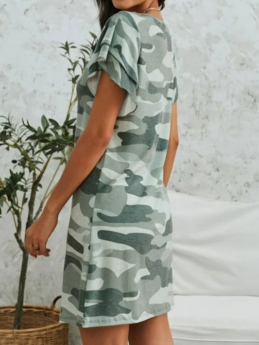 Camouflage Round Neck Short Sleeve Mini Dress - Classique Collection