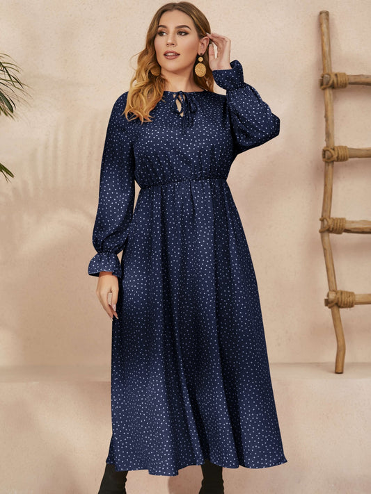Honey Plus Size Ruffled Polka Dot Long Sleeve Midi Dress - Classique Collection