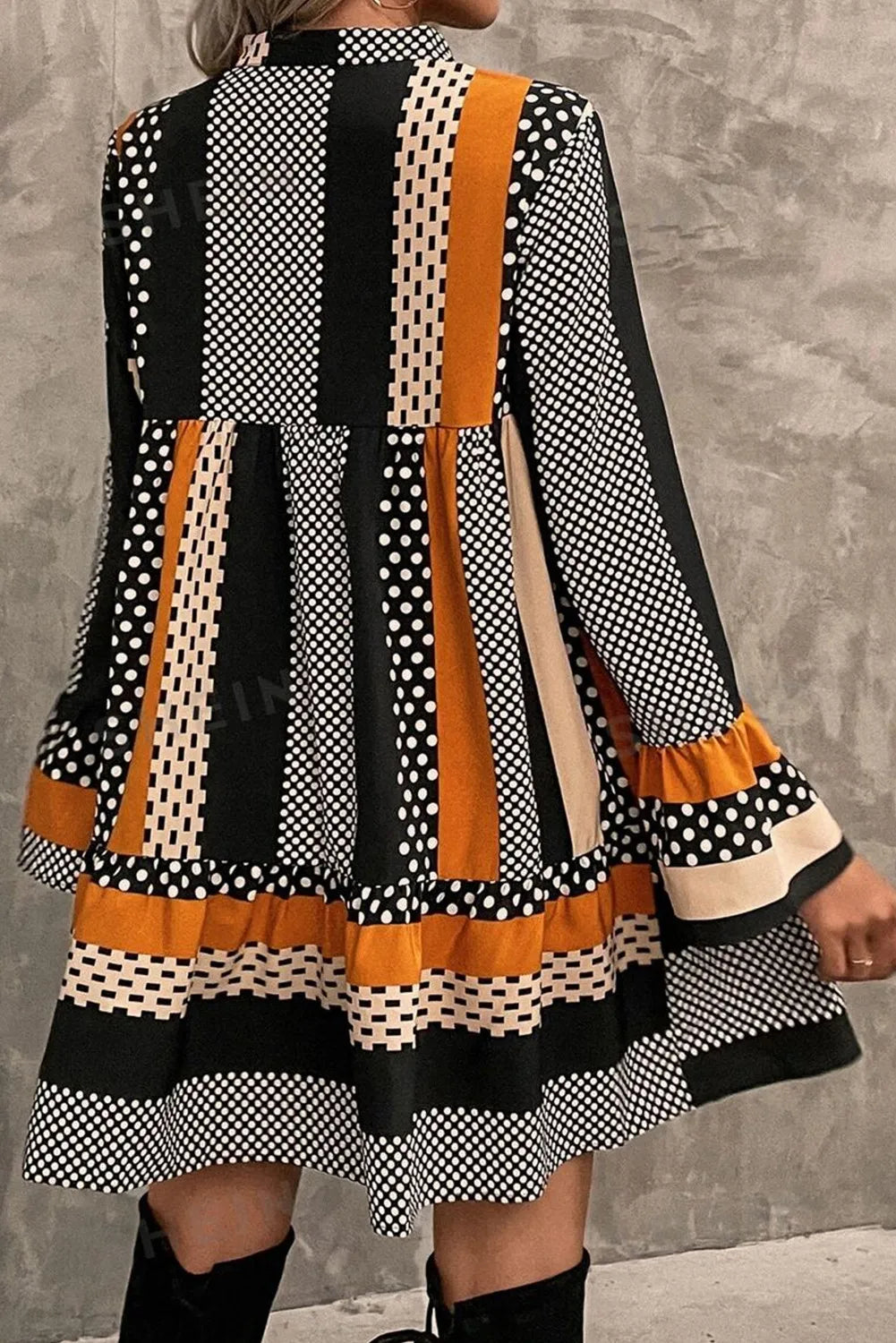 Printed Notched Long Sleeve Mini Dress - Classique Collection