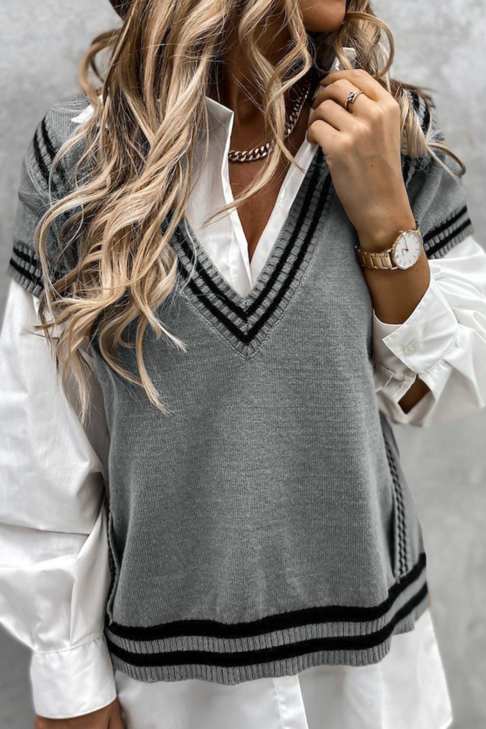 Striped Trim V-Neck Sweater Vest - ClassiQ