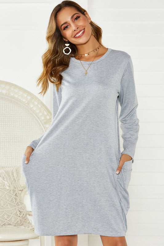 Pocketed Round Neck Long Sleeve Dress - Classique Collection