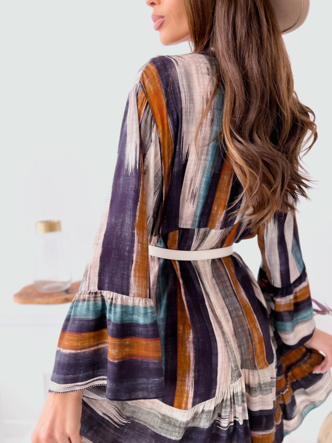 Buttoned Striped Long Sleeve Mini Dress - Classique Collection