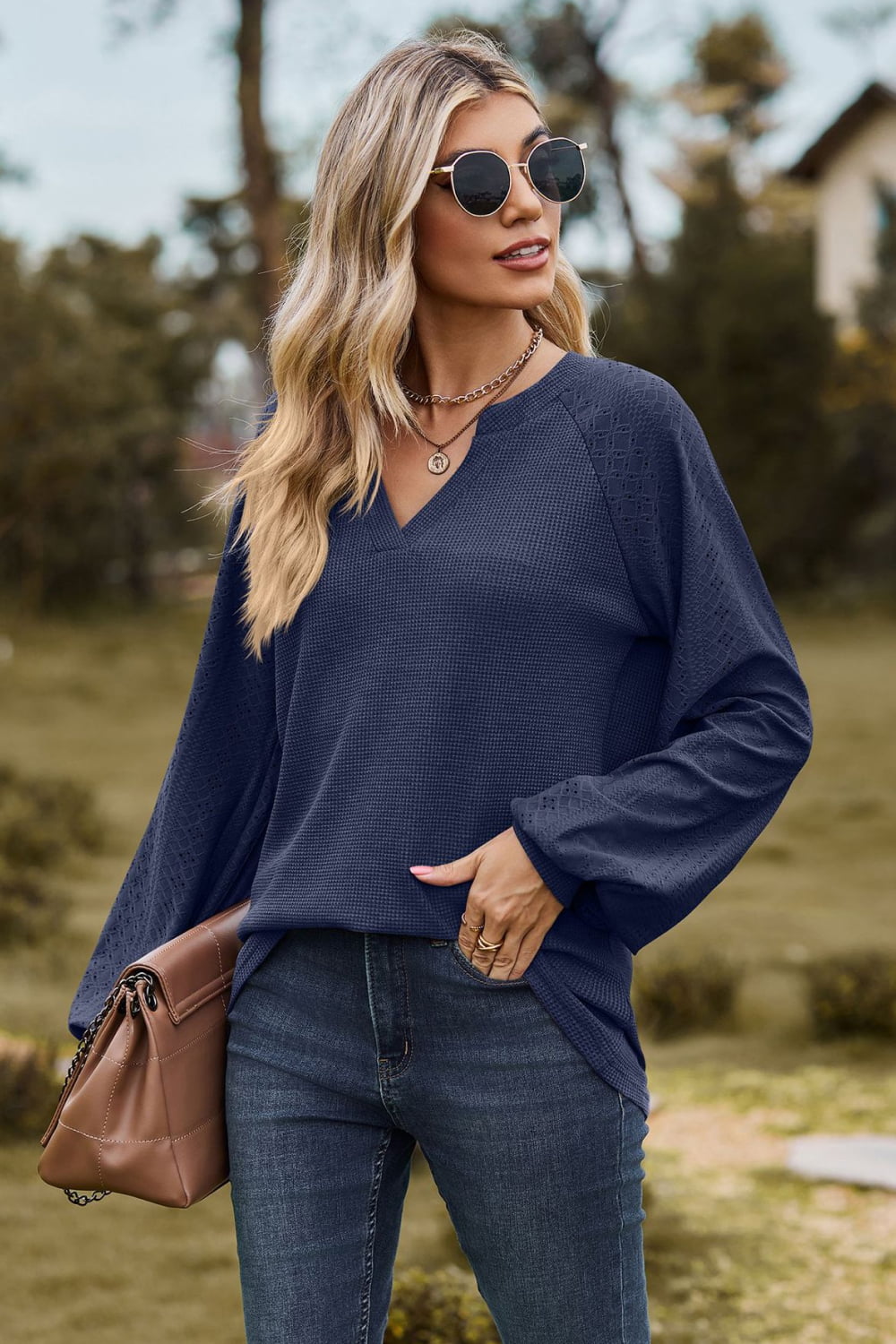 Notched Neck Raglan Sleeve Blouse - Classique Collection