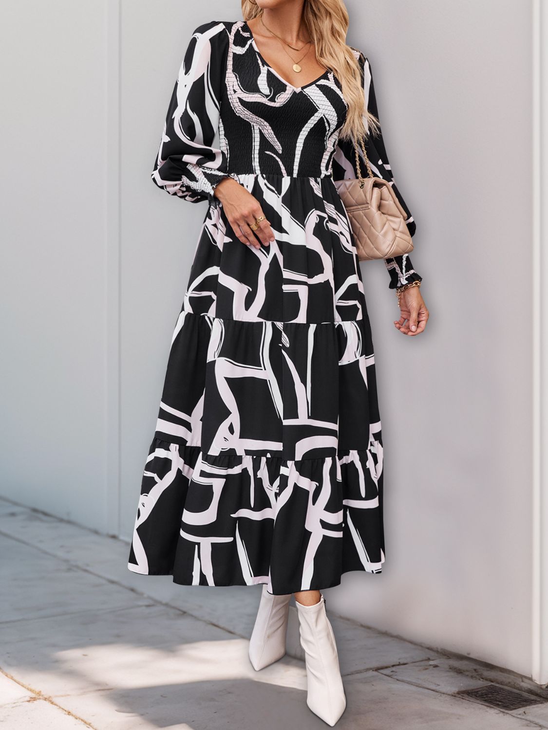 Perfee Smocked Printed Long Sleeve Midi Dress - Classique Collection