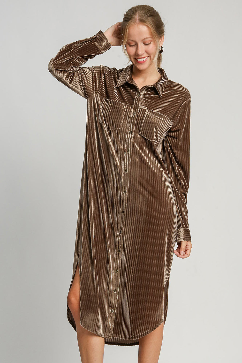 Umgee Texture Curved Hem Button Down Shirt Dress - Classique Collection