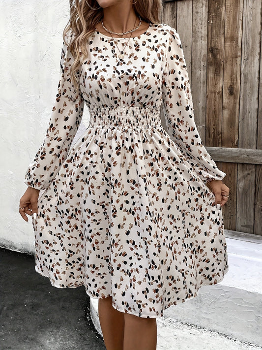 Printed Round Neck Long Sleeve Dress - Classique Collection