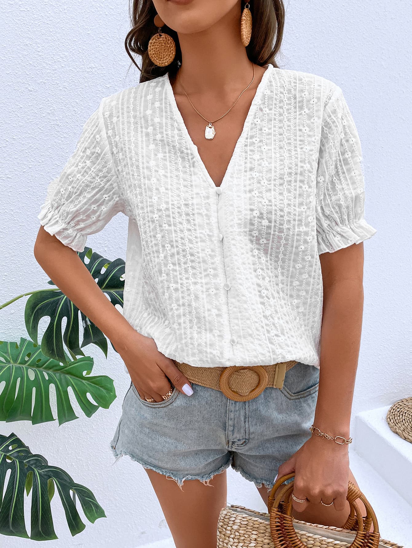 Honey Buttoned V-Neck Flounce Sleeve Top - Classique Collection