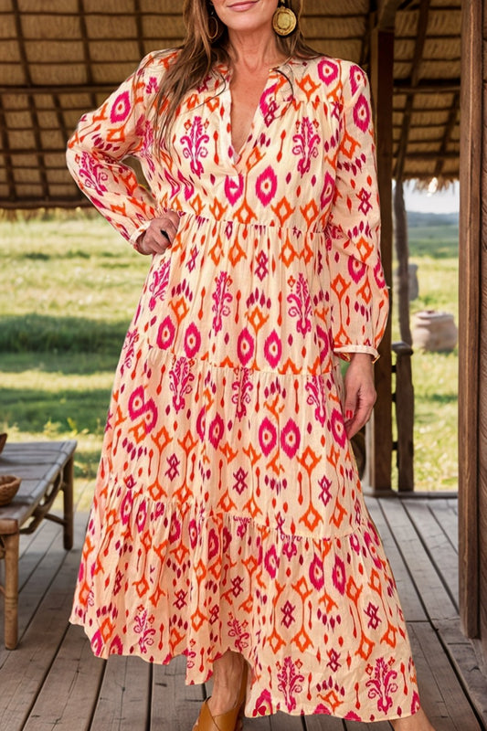 Tiered Printed Notched Long Sleeve Midi Dress - Classique Collection