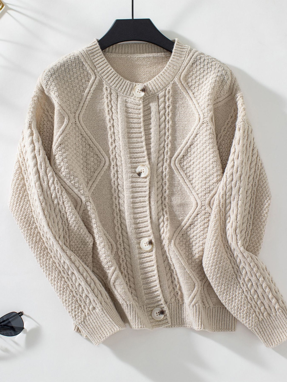 Cable-Knit Round Neck Button Up Cardigan - ClassiQ