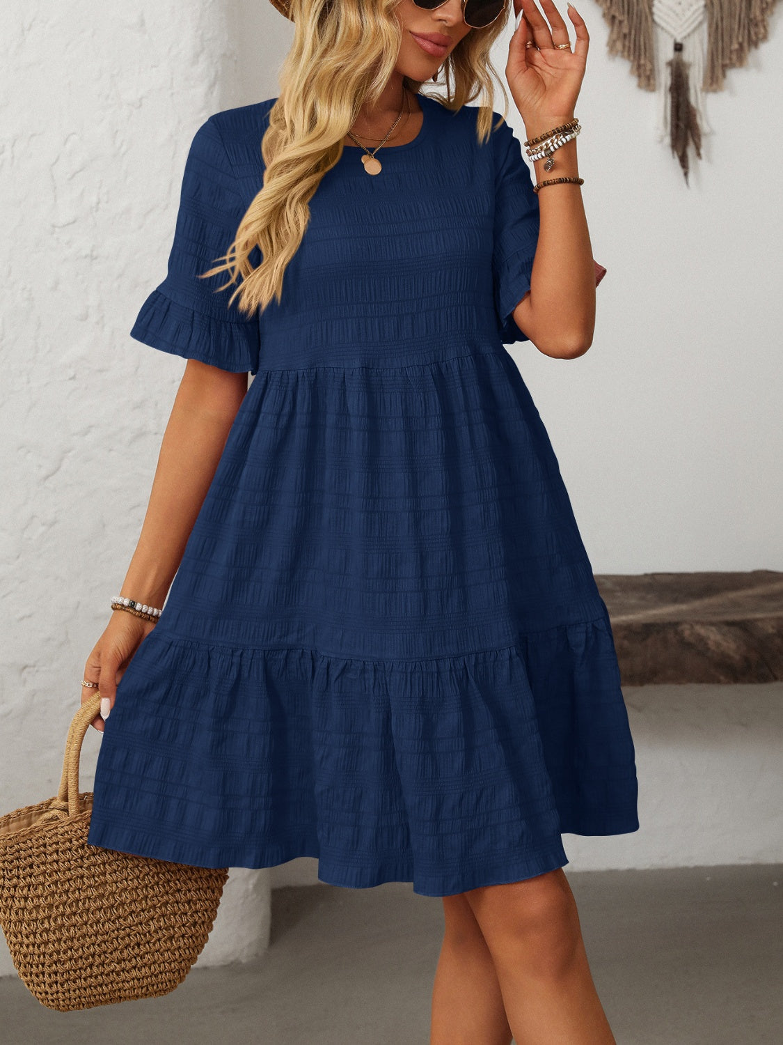 Mandy Ruffled Ruched Round Neck Half Sleeve Dress - Classique Collection