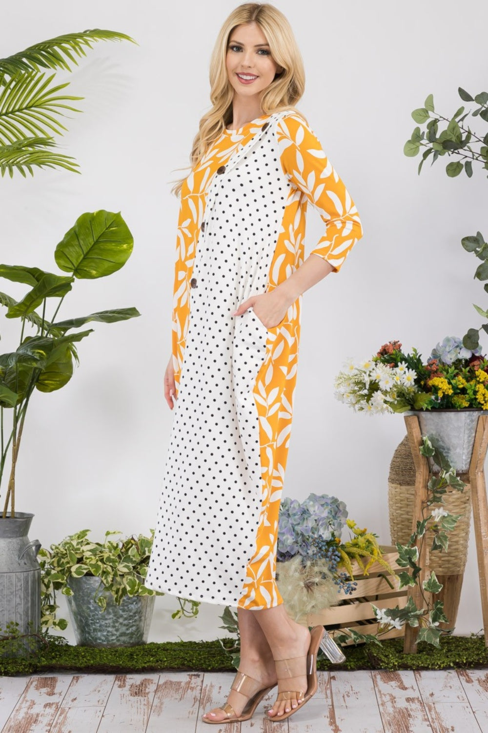 Celeste Full Size Floral Polka Dot Contrast Midi-Dress with Pockets - Classique Collection