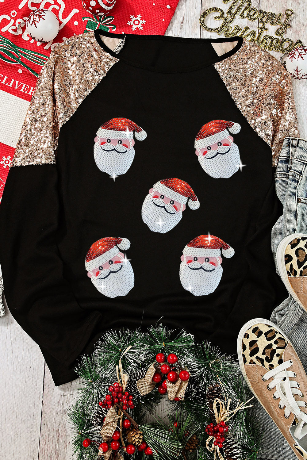 Santa Sequin Long Sleeve Round Neck Top - Classique Collection