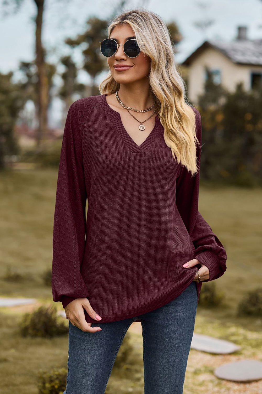 Notched Neck Raglan Sleeve Blouse - Classique Collection