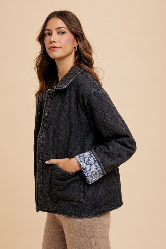Annie Wear Quilted Printed Lining Snap Down Denim Jacket - ClassiQ