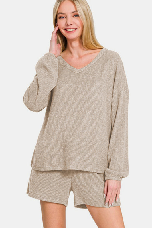 Zenana V-Neck Long Sleeve Ribbed Top and Shorts Set - Classique Collection